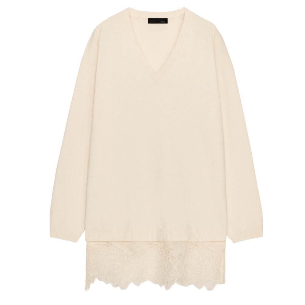 Zara Cream V-Neck Lace Trim Tunic Sweater 2756/152 Medium NWT